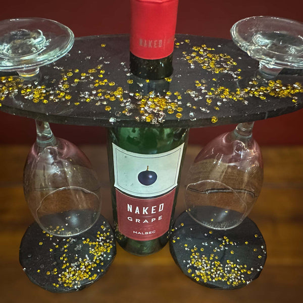 Wine Glass Caddy with 2 Coasters - Diamond Noir Wine Elegance Set