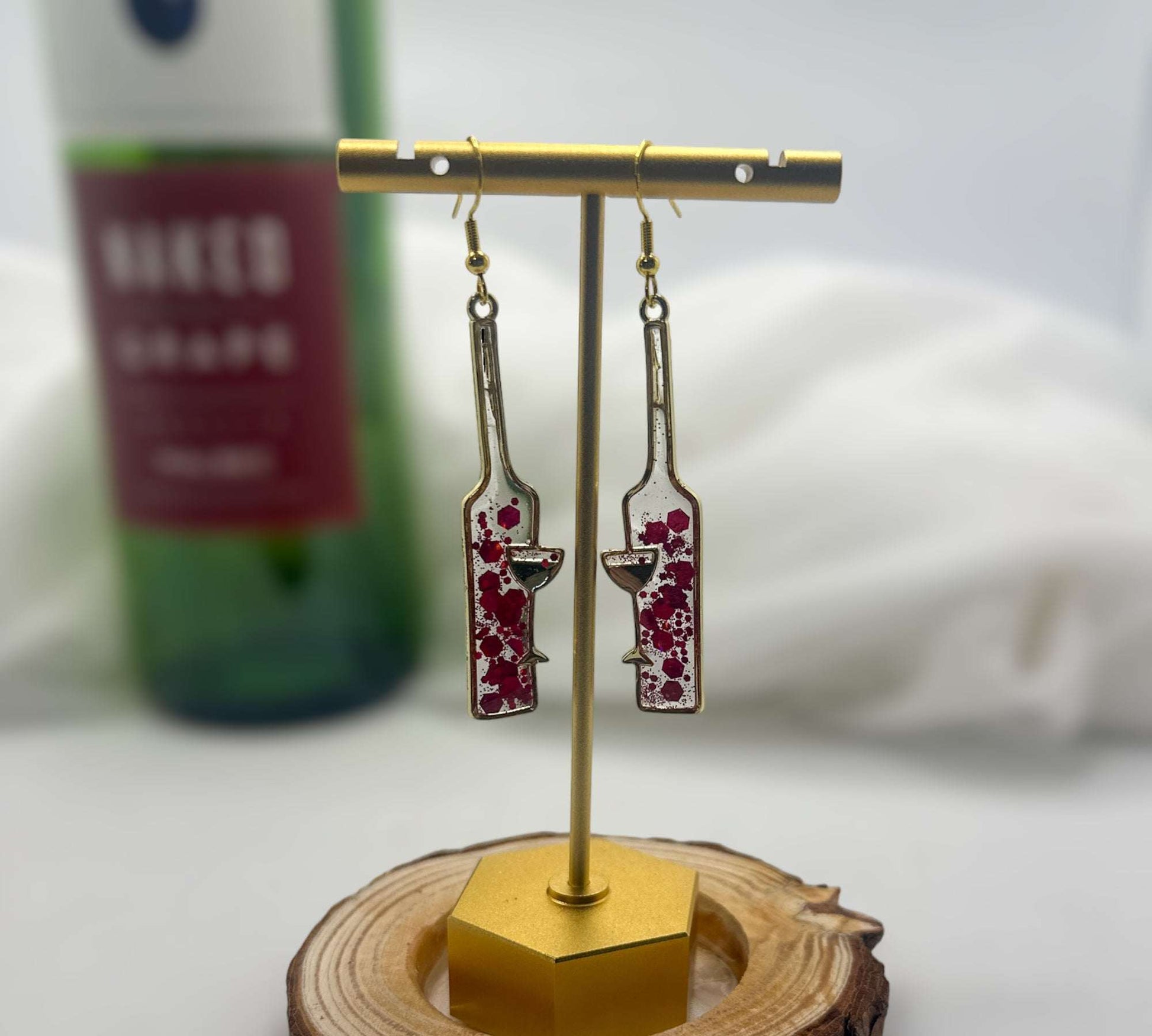 Wine Bottle Sip & Sparkle Handmade Resin Earrings in Red and White