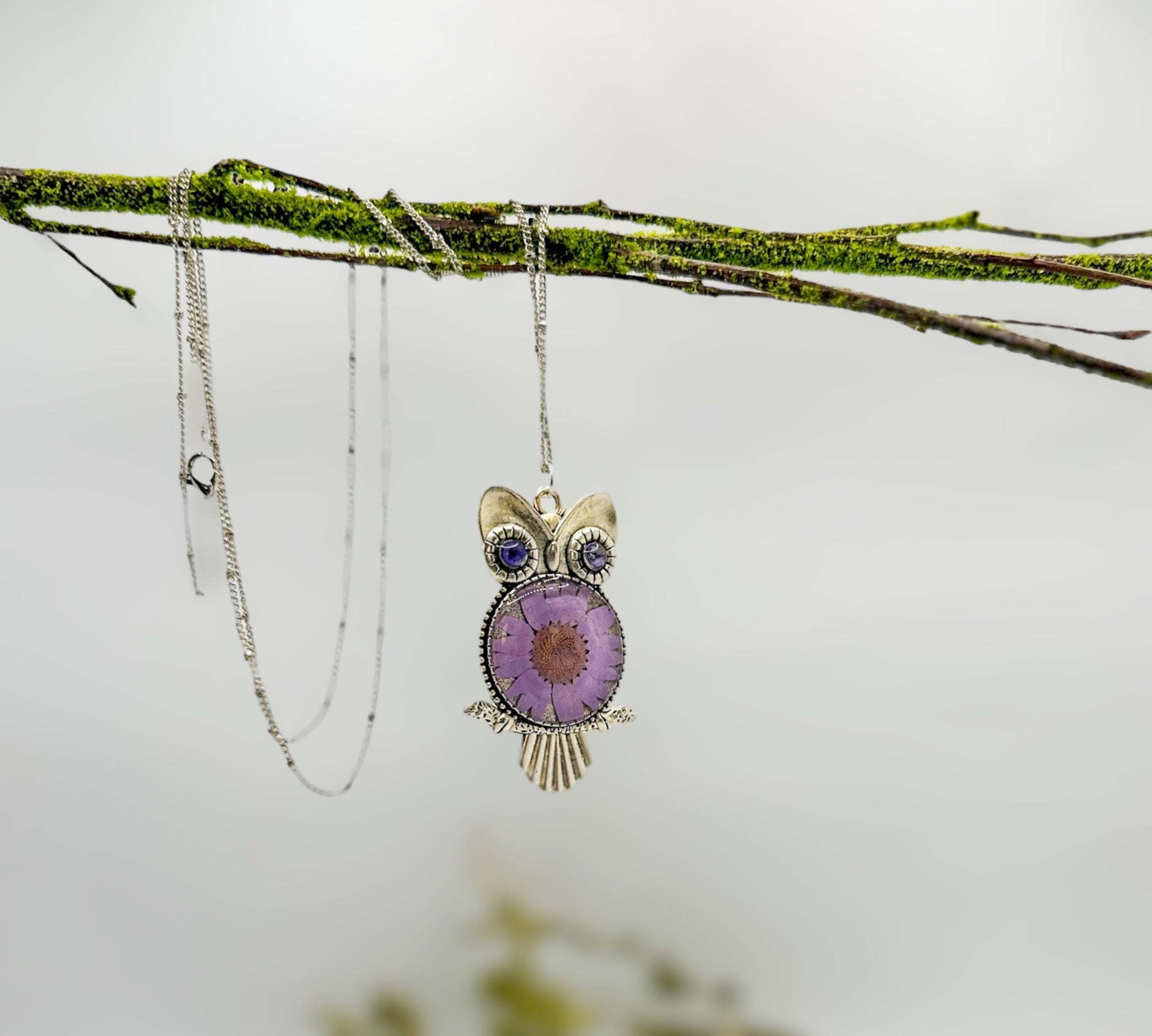 Owl Pendant - Purple Bloom Pressed Flower Owl Necklace