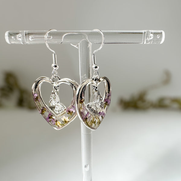 Silver Heart Earrings - Pressed Flowers Purple & Red Floral Design