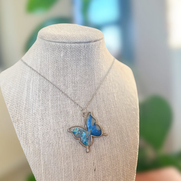 Butterfly Pendant - Dried Flowers & Petals with Mother of Pearl 