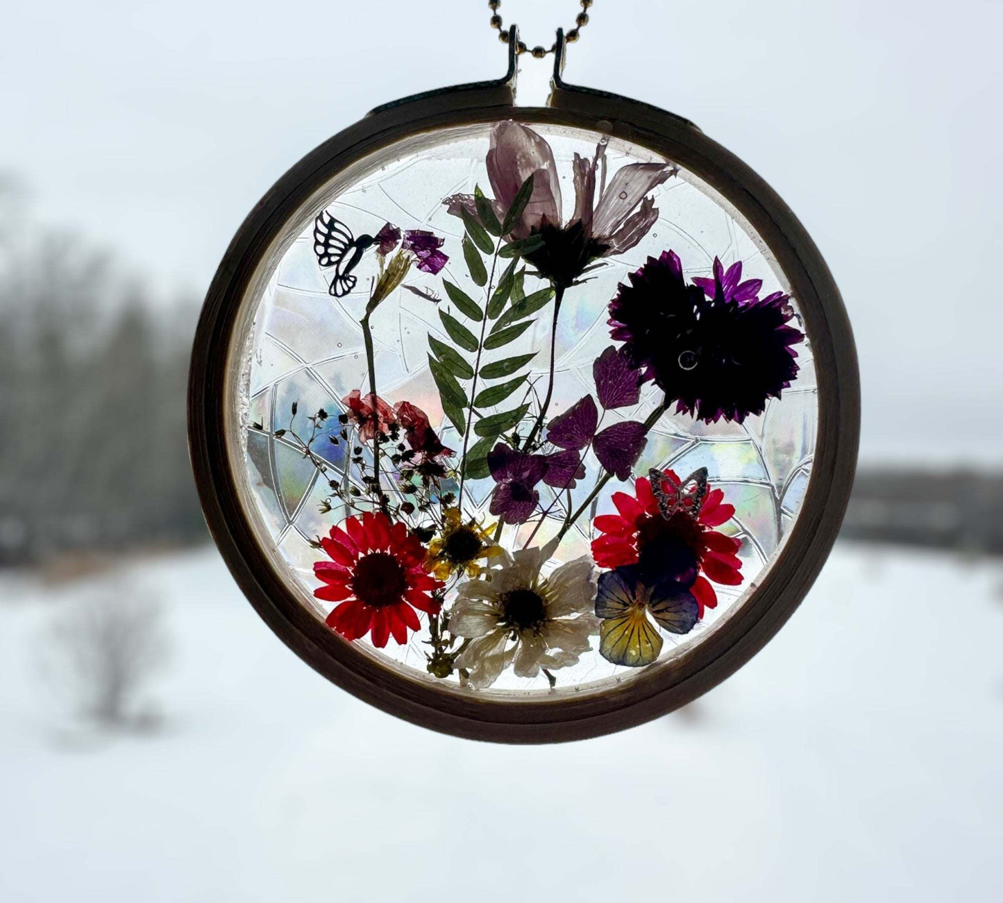Floral Suncatcher with Rainbow Effect - Pressed Flowers Window Decor
