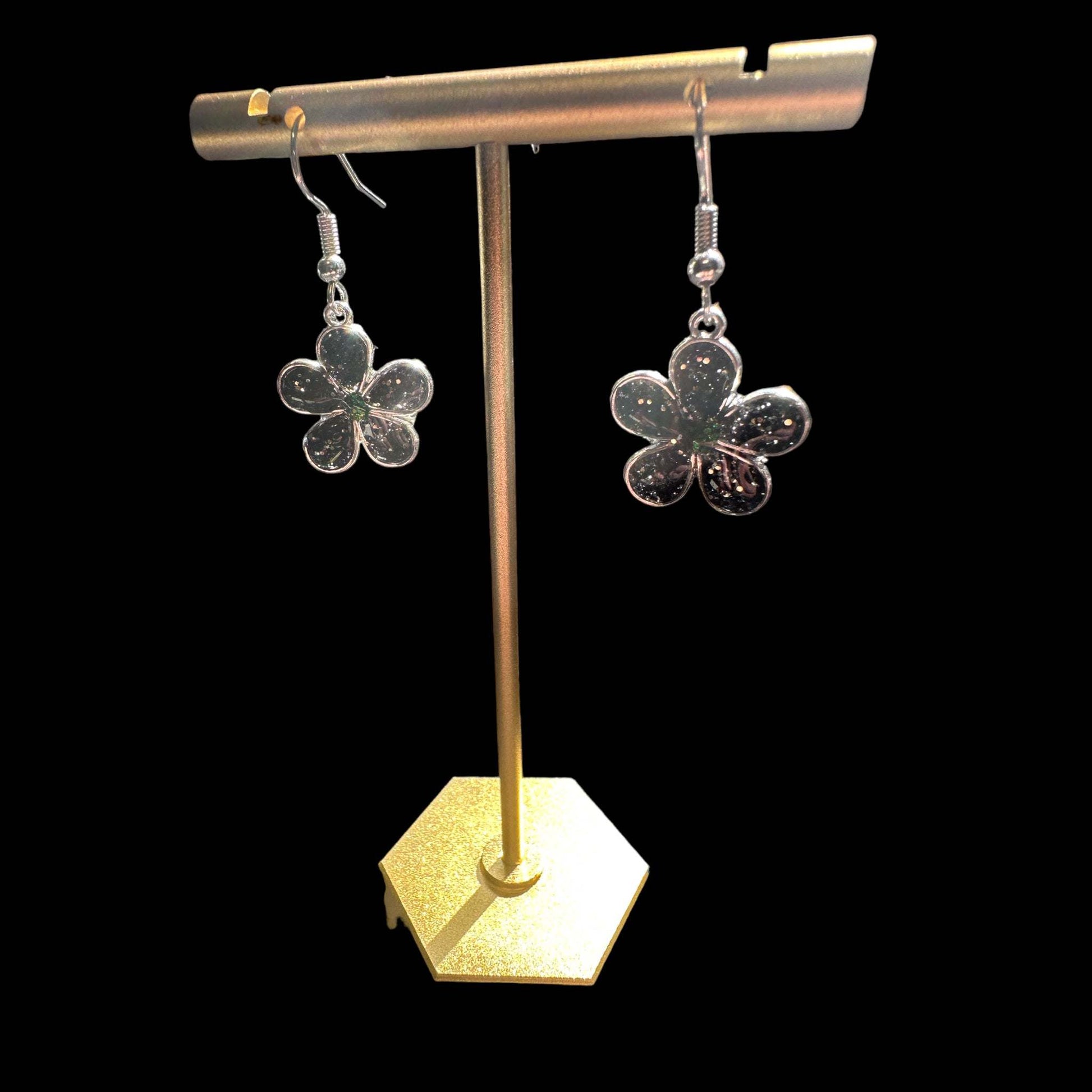 Earring Handmade Resin Flower Earring Set - Black and Silver Glitter