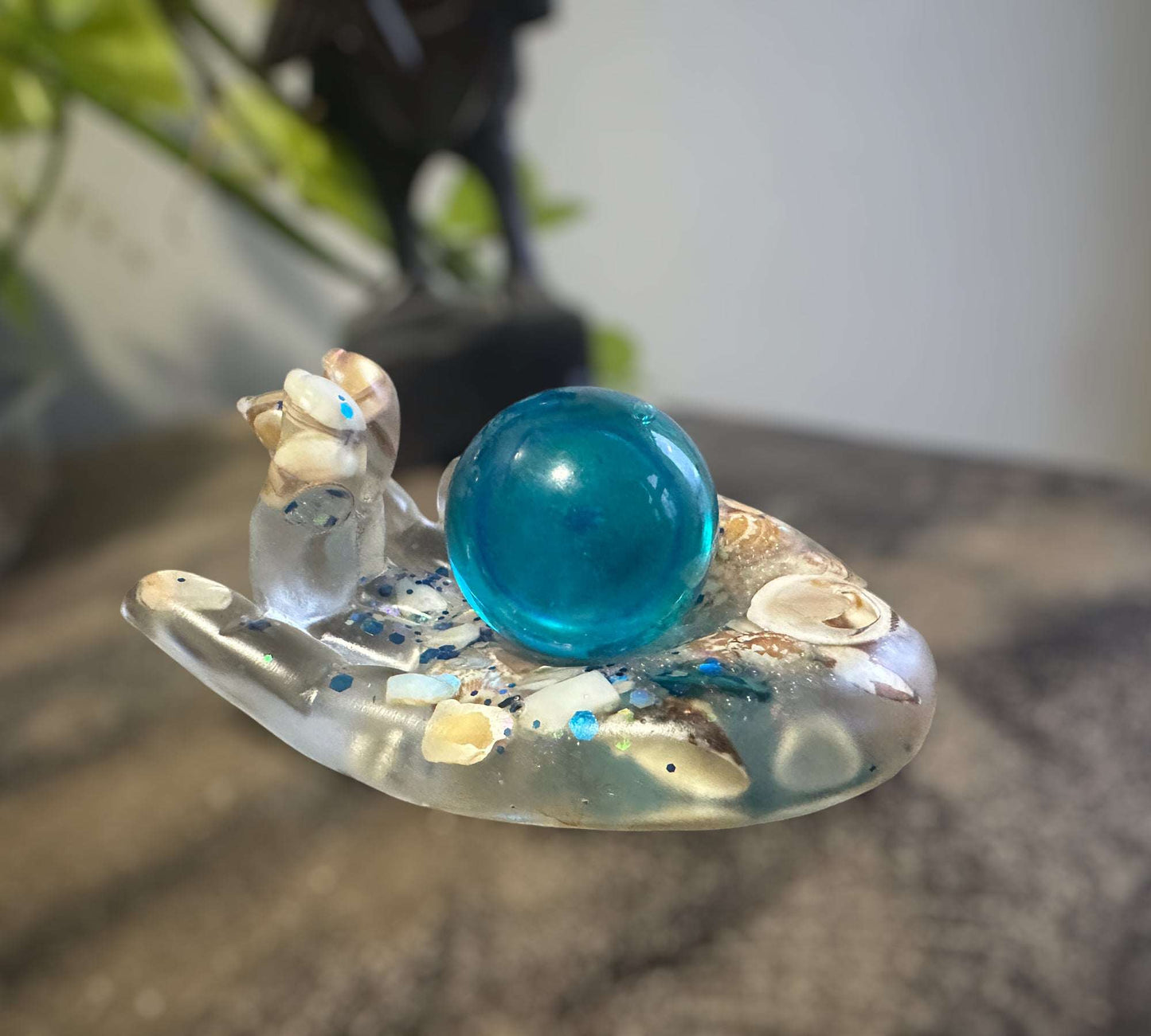 Blue Quartz Crystal Handmade Resin Sphere Hand - Seaside Harmony