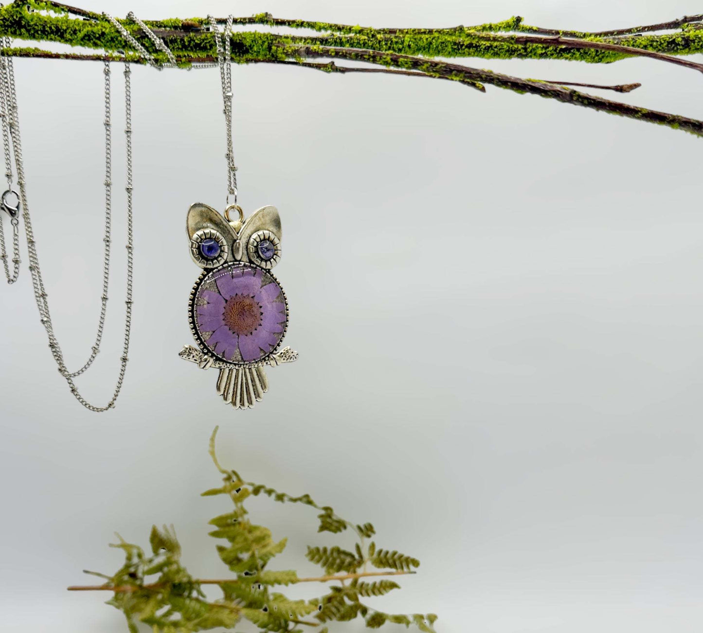 Owl Pendant - Purple Bloom Pressed Flower Owl Necklace