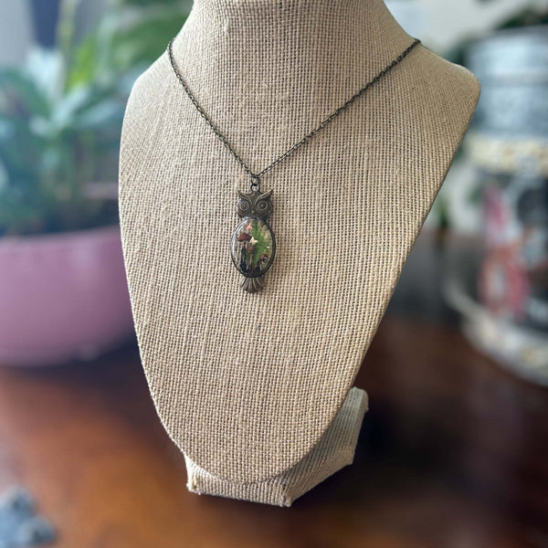 Enchanting Owl Mushroom Forest Pendant - Dried Ferns and Mushrooms