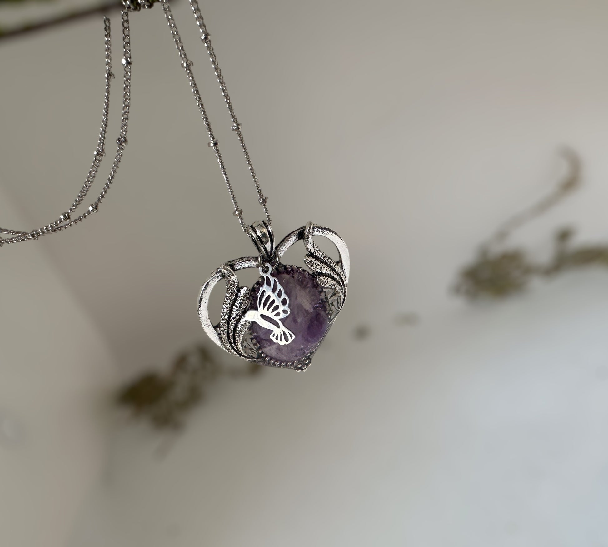 Amethyst Gemstone Heart Necklace: Handmade Silver Elegance Gemstones