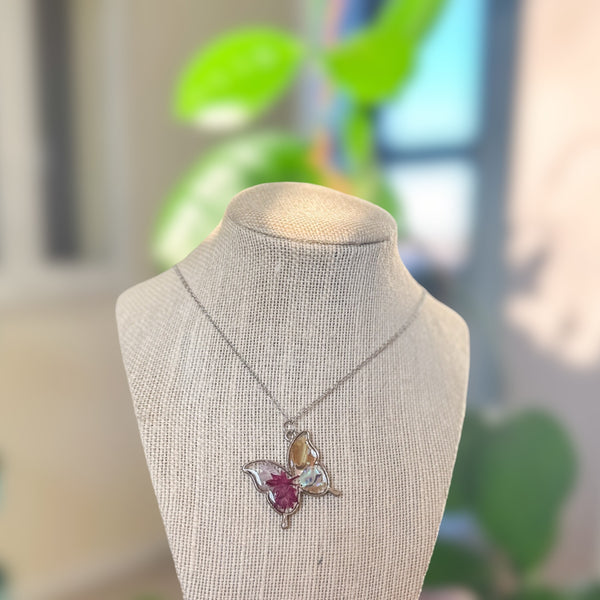 Butterfly Pendant - Dried Flowers & Petals with Mother of Pearl 
