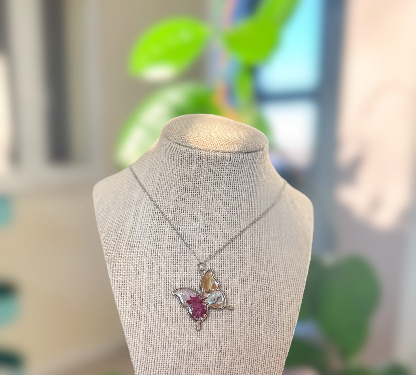 Butterfly Pendant - Dried Flowers & Petals with Mother of Pearl 