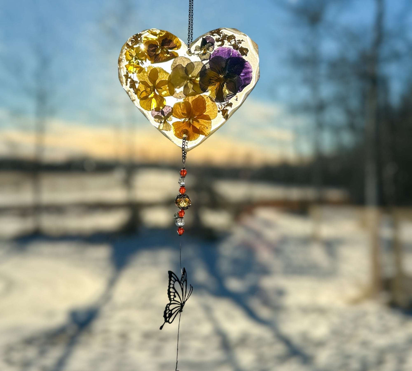 Pansy Butterfly Heart Suncatcher: Handcrafted Botanical Window Charm