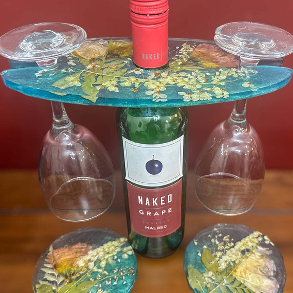 Wine Glass Caddy with 2 Coasters -GardenThemed Handmade Resin Set