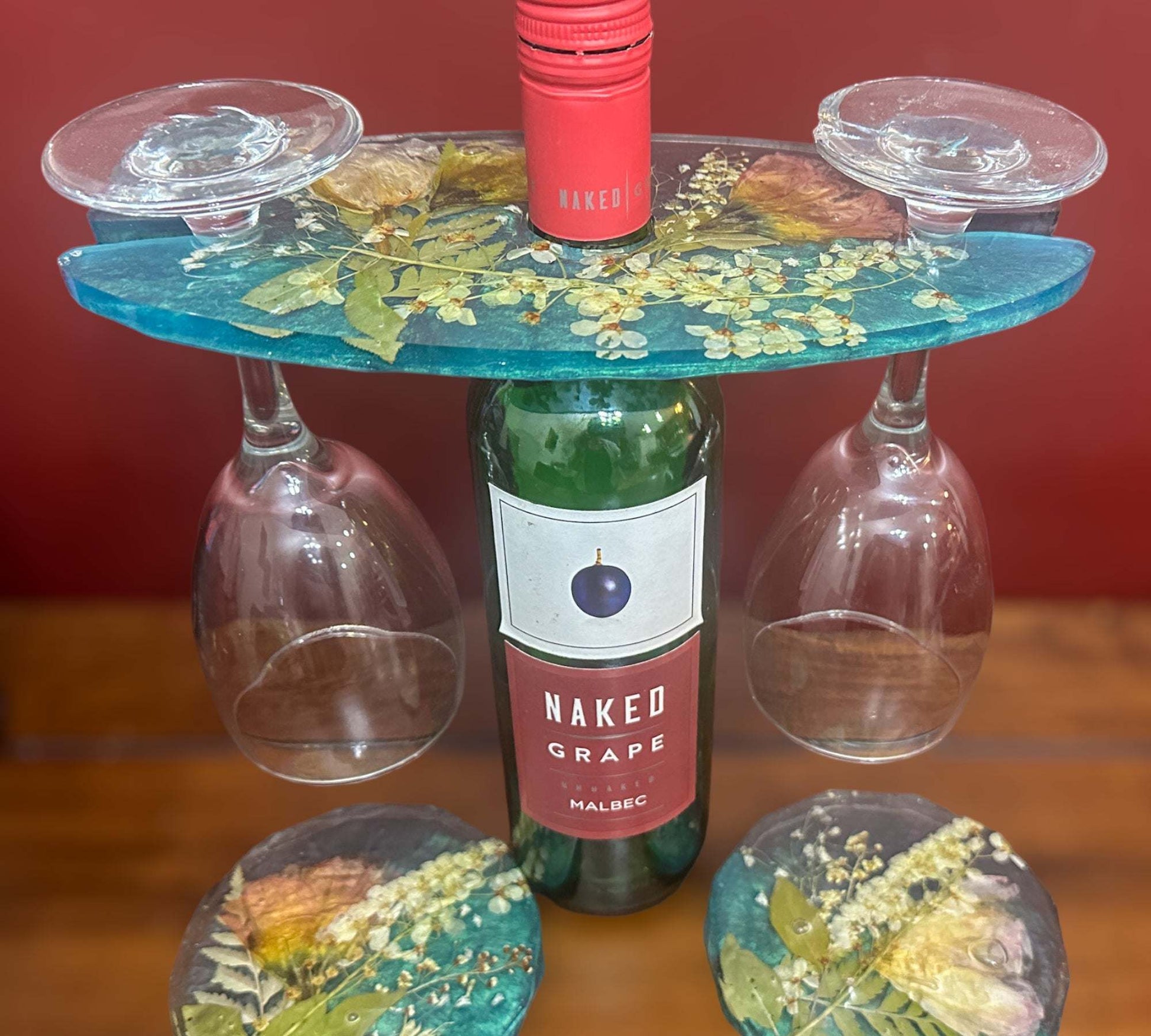 Wine Glass Caddy with 2 Coasters -GardenThemed Handmade Resin Set