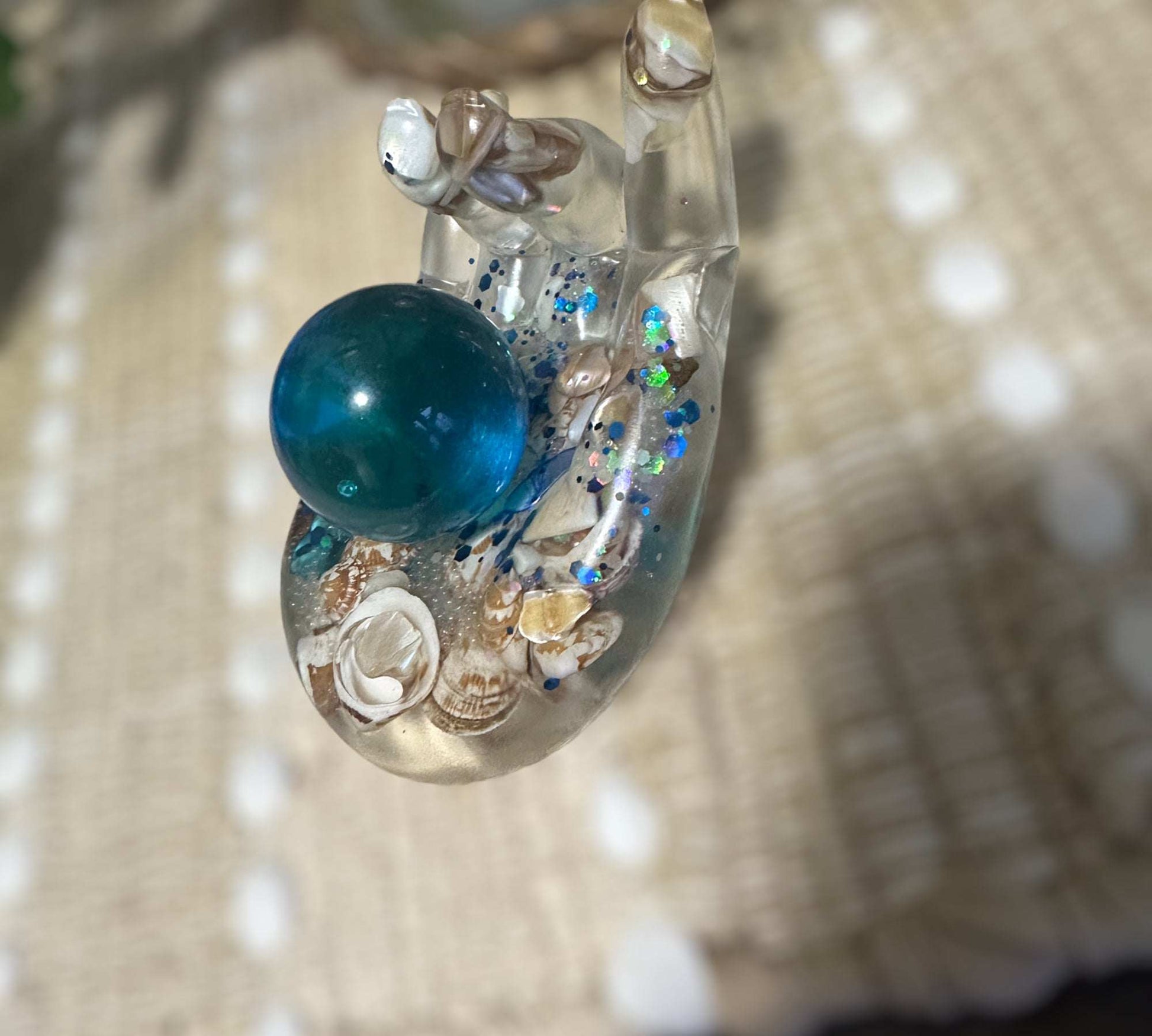 Blue Quartz Crystal Handmade Resin Sphere Hand - Seaside Harmony
