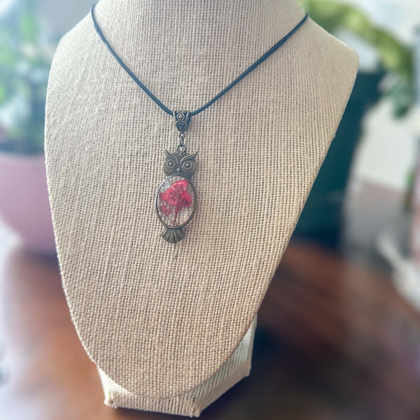 Owl Pendant - Red Blooms and Butterflies - Pressed Flower Necklace
