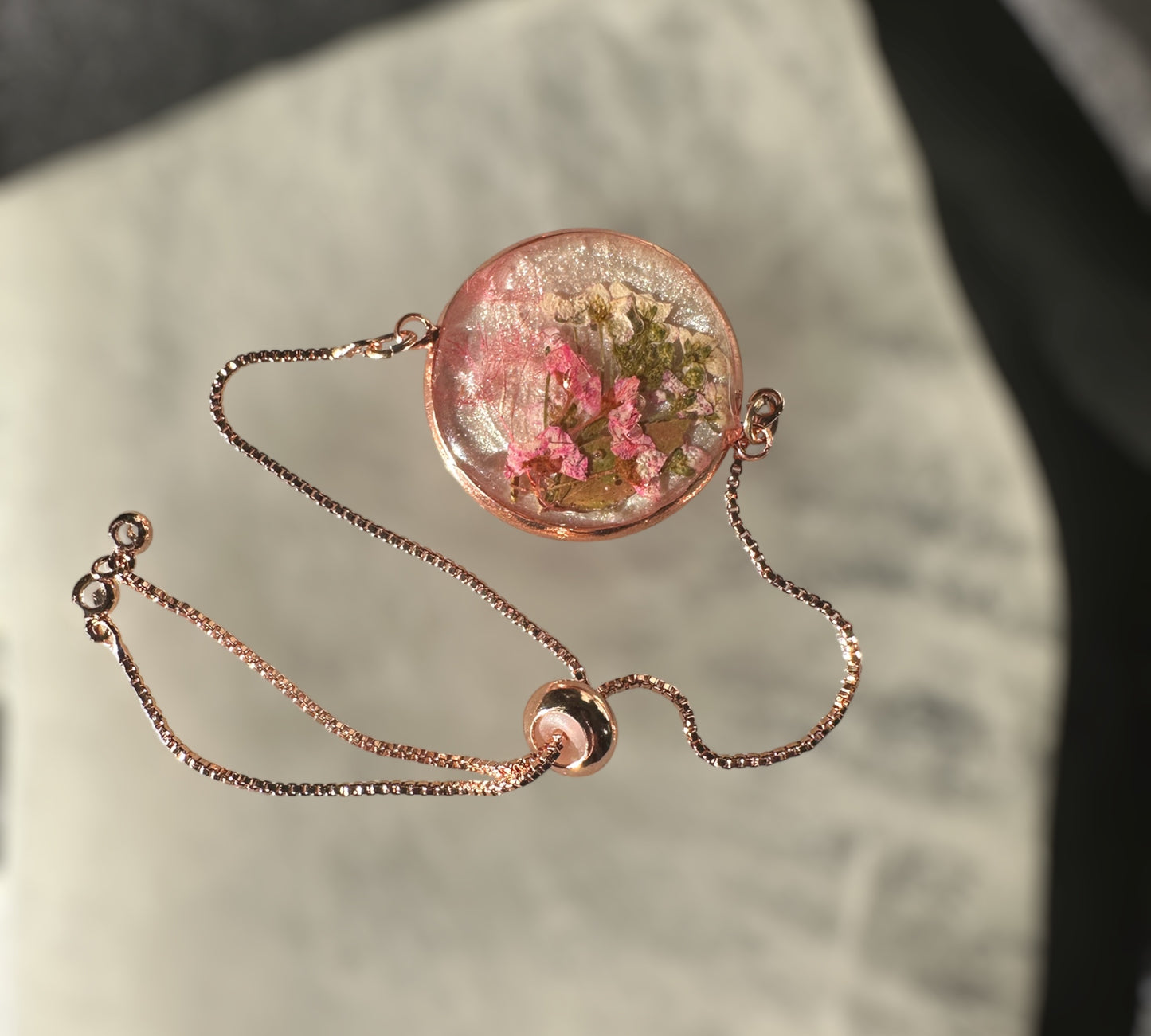 Fairy Garden Bracelet: Handmade Rose Gold Bracelet with Dried Flowers