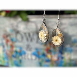 White Petal Dew Drop Floral Earring Set - Handmade with Pressed Flower