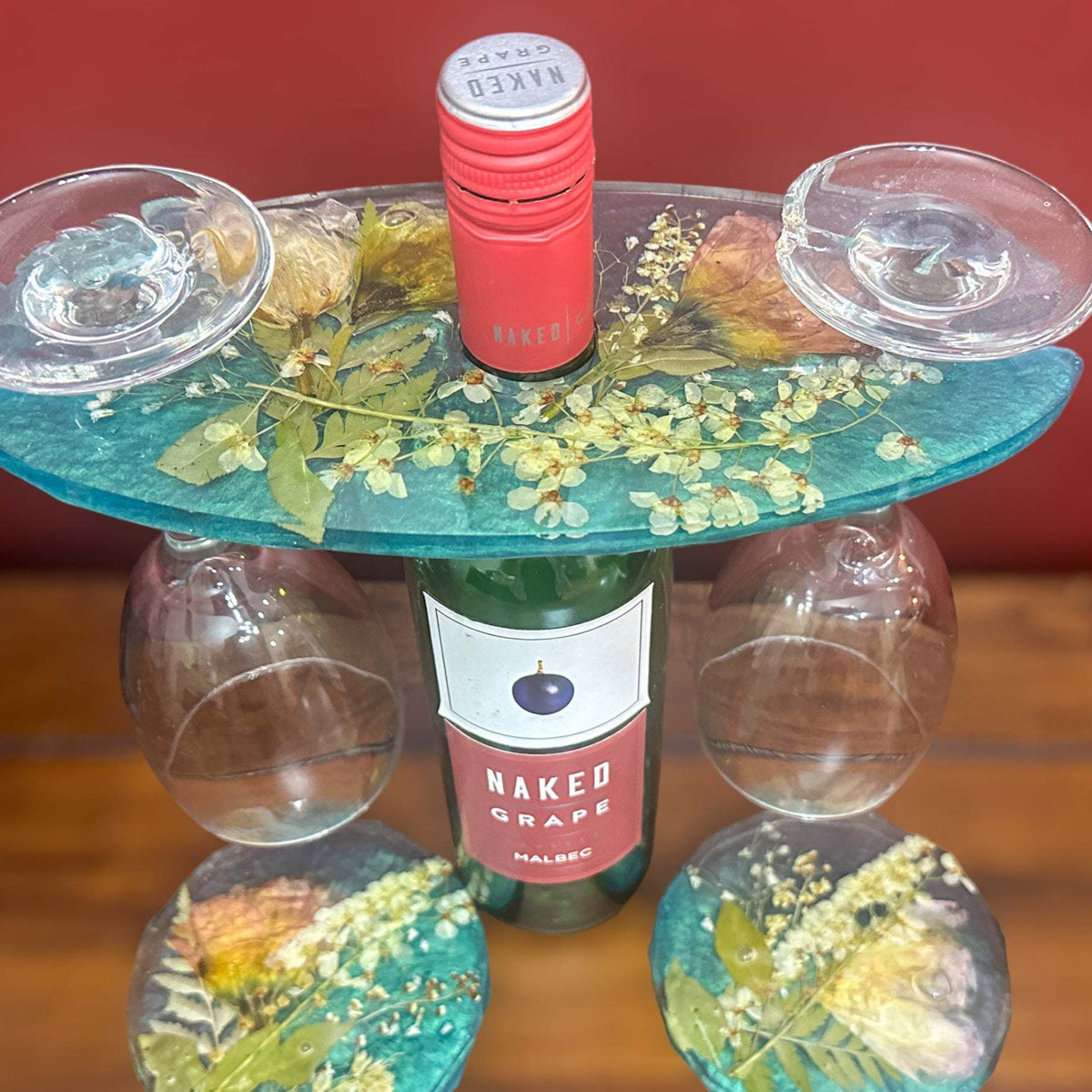 Wine Glass Caddy with 2 Coasters -GardenThemed Handmade Resin Set