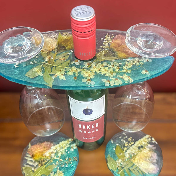Wine Glass Caddy with 2 Coasters -GardenThemed Handmade Resin Set