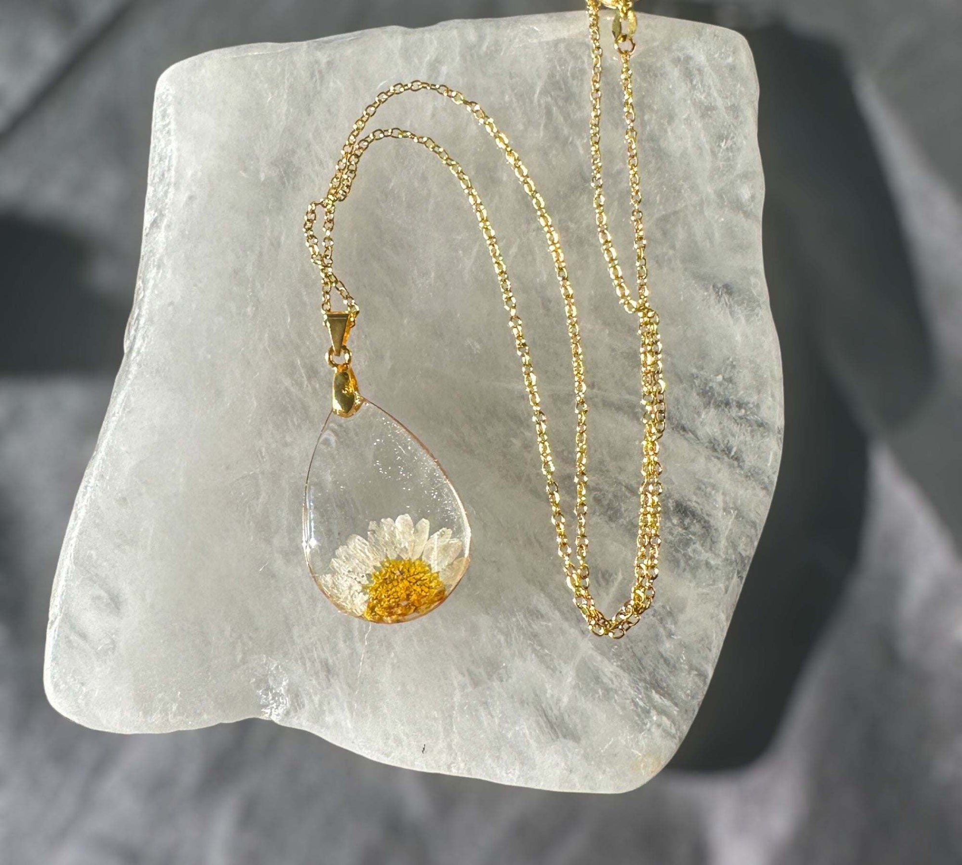 Daisy Teardrop Pendant - Real Dried Flower Jewelry in Silver and Gold 