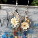 White Petal Dew Drop Floral Earring Set - Handmade with Pressed Flower