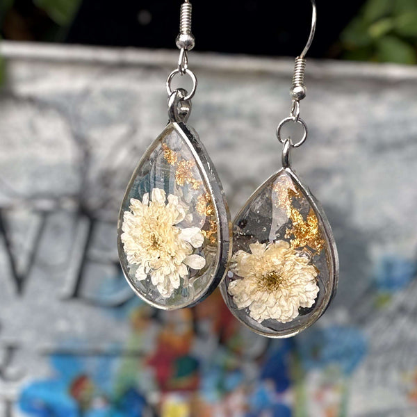 White Petal Dew Drop Floral Earring Set - Handmade with Pressed Flower