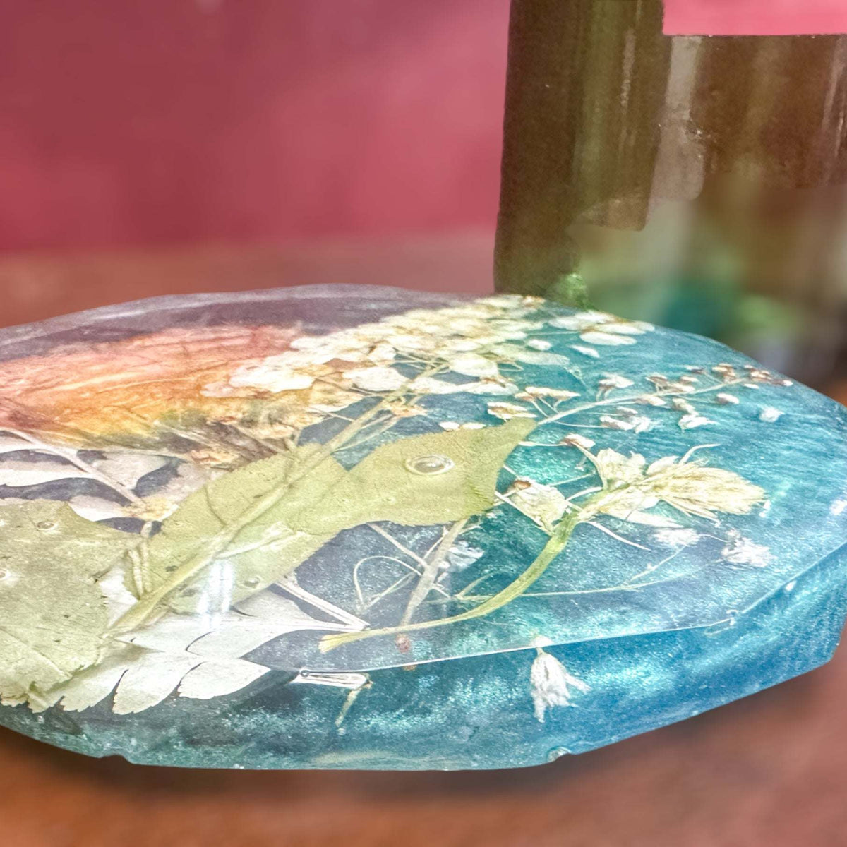 Wine Glass Caddy with 2 Coasters -GardenThemed Handmade Resin Set