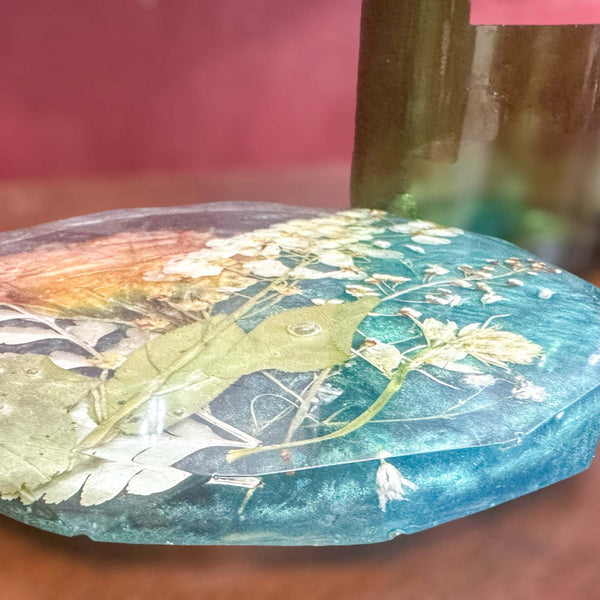 Wine Glass Caddy with 2 Coasters -GardenThemed Handmade Resin Set