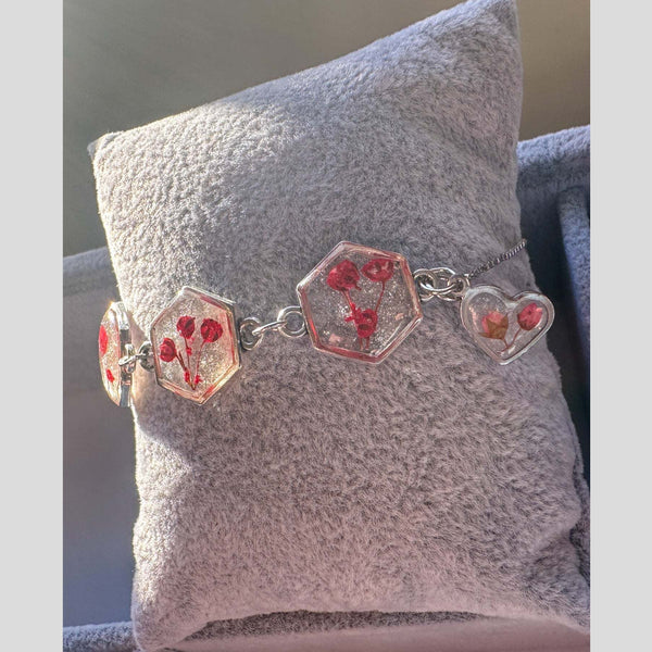 Red Floral Silver Hexagon Handmade Trio Bracelet with Dried Flowers