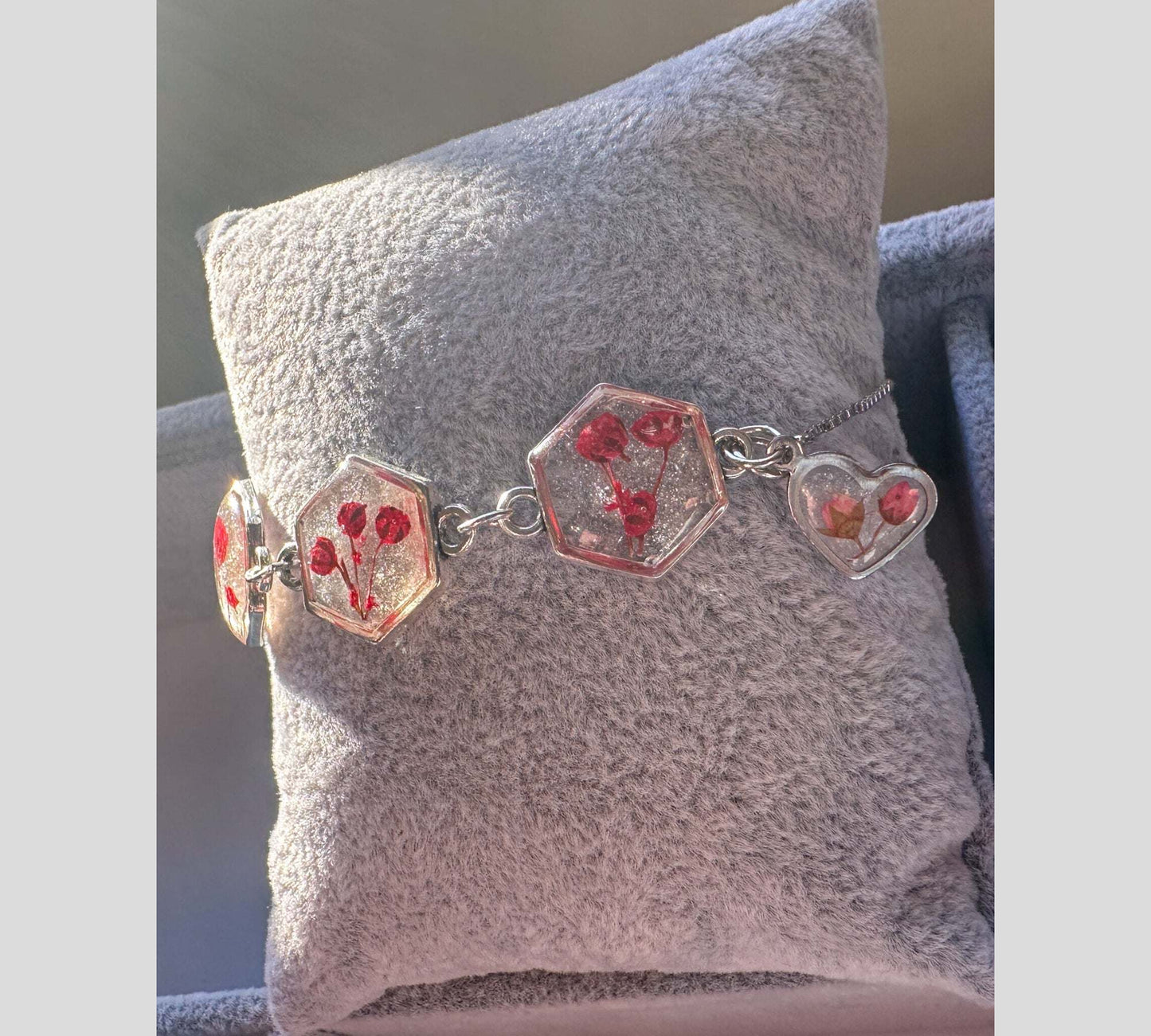 Red Floral Silver Hexagon Handmade Trio Bracelet with Dried Flowers