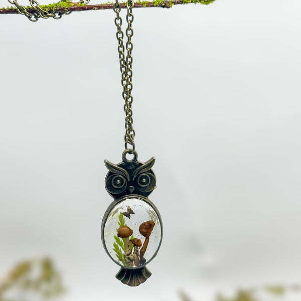 Enchanting Owl Mushroom Forest Pendant - Dried Ferns and Mushrooms