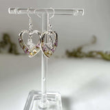 Silver Heart Earrings - Pressed Flowers Purple & Red Floral Design