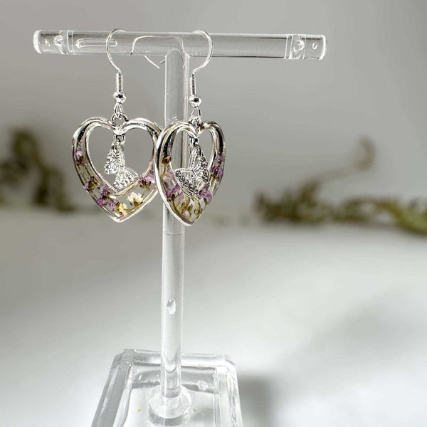 Silver Heart Earrings - Pressed Flowers Purple & Red Floral Design