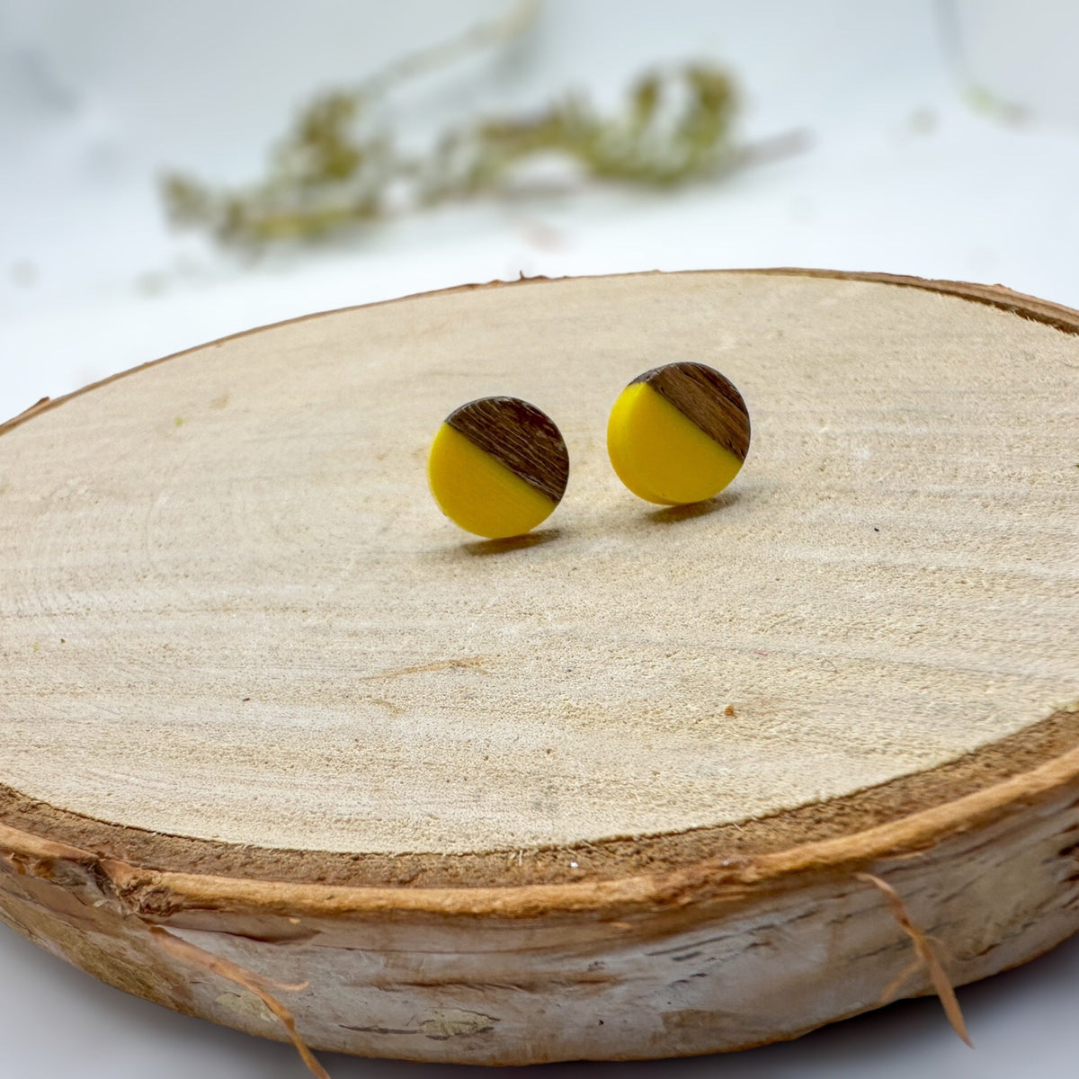Boho Wood & Resin Stud Earrings - Yellow & Wood Boho Hippie Earrings