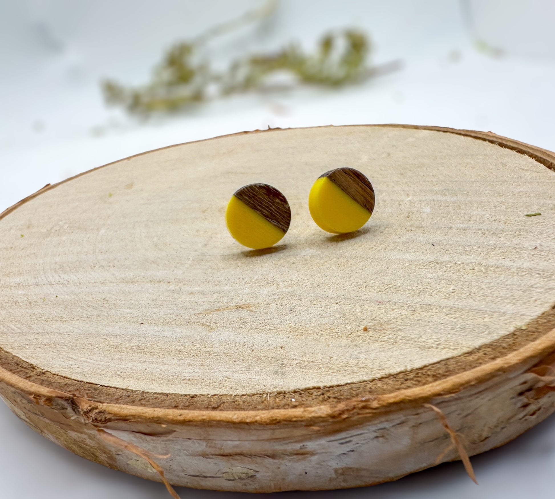 Boho Wood & Resin Stud Earrings - Yellow & Wood Boho Hippie Earrings