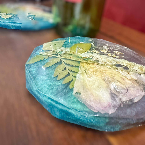 Wine Glass Caddy with 2 Coasters -GardenThemed Handmade Resin Set