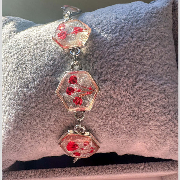 Red Floral Silver Hexagon Handmade Trio Bracelet with Dried Flowers