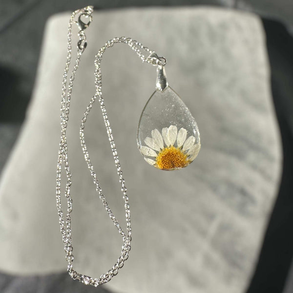 Daisy Teardrop Pendant - Real Dried Flower Jewelry in Silver and Gold 