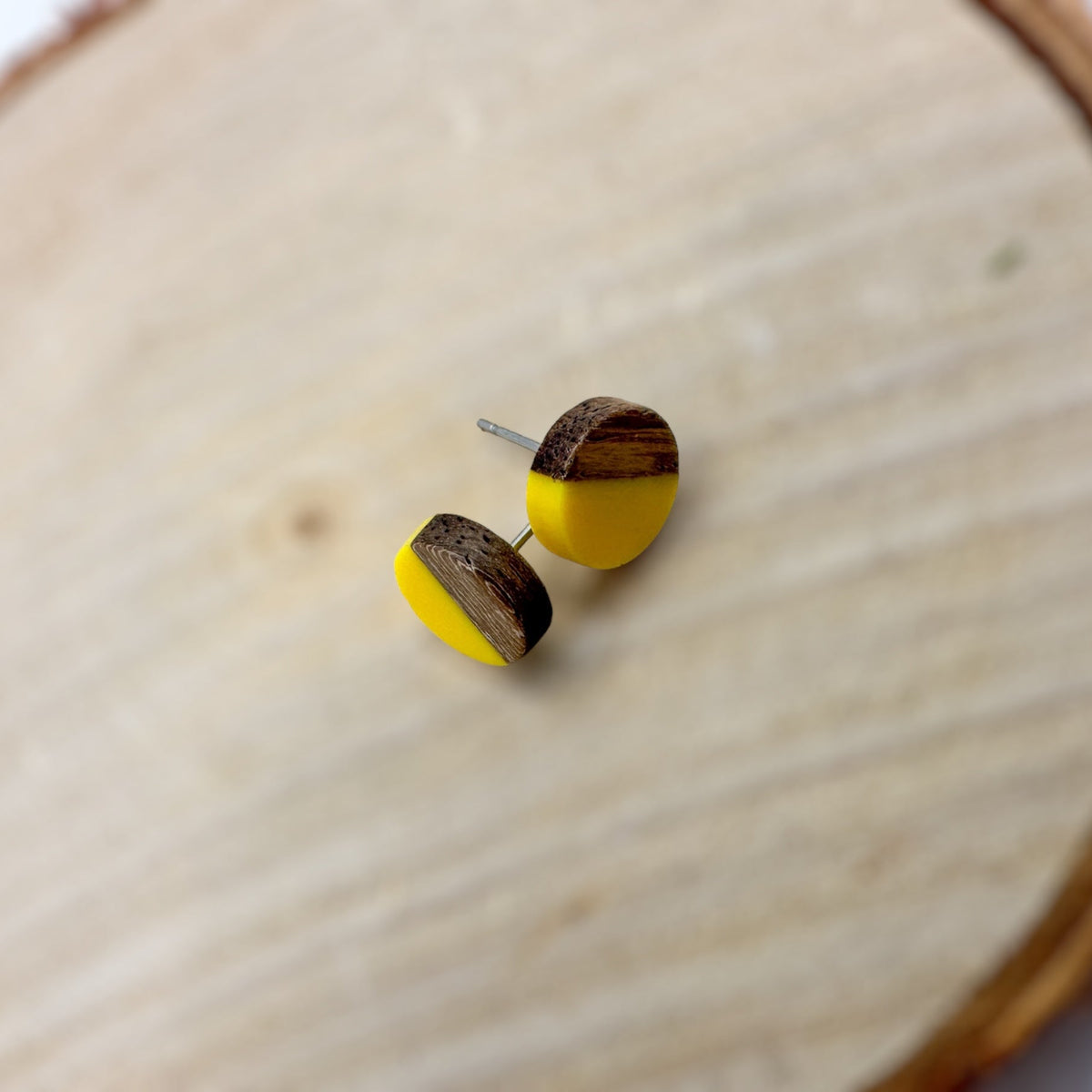 Boho Wood & Resin Stud Earrings - Yellow & Wood Boho Hippie Earrings