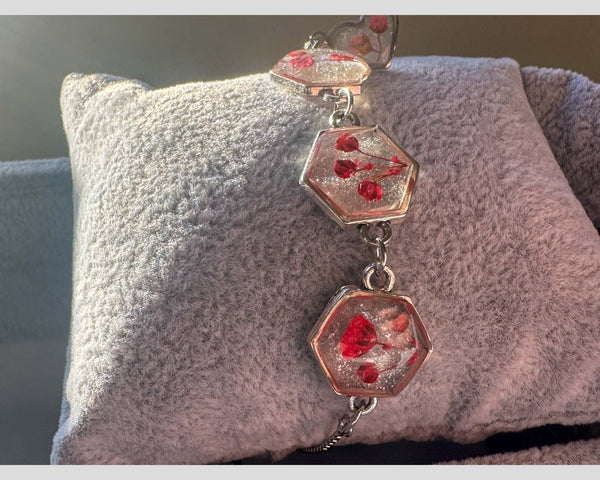 Red Floral Silver Hexagon Handmade Trio Bracelet with Dried Flowers