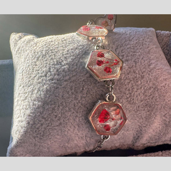 Red Floral Silver Hexagon Handmade Trio Bracelet with Dried Flowers