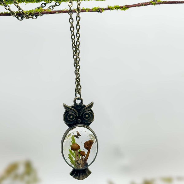 Enchanting Owl Mushroom Forest Pendant - Dried Ferns and Mushrooms