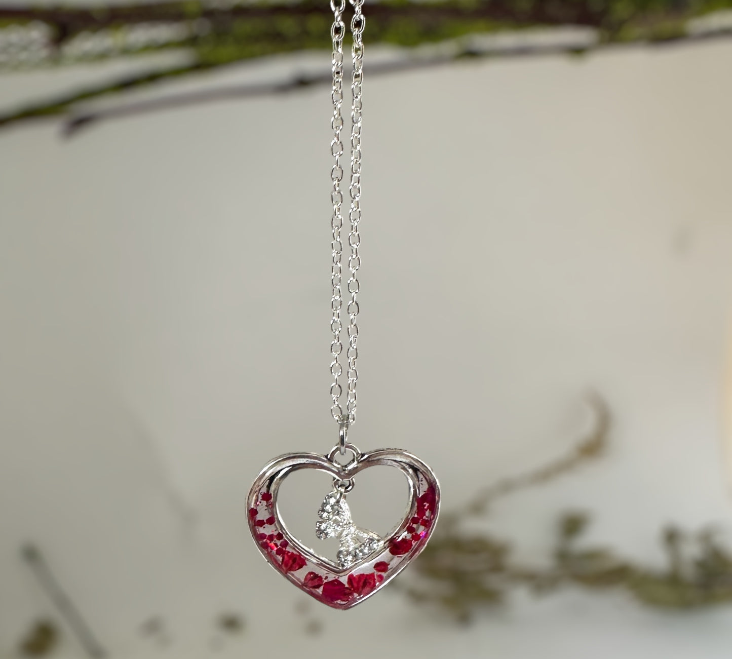 Blooming Hearts: Pressed Flower Red & Purple Petal Heart Pendant