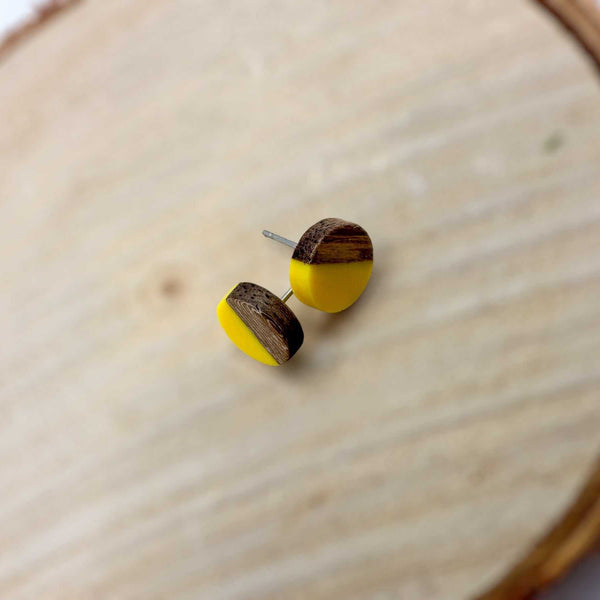 Boho Wood & Resin Stud Earrings - Yellow & Wood Boho Hippie Earrings
