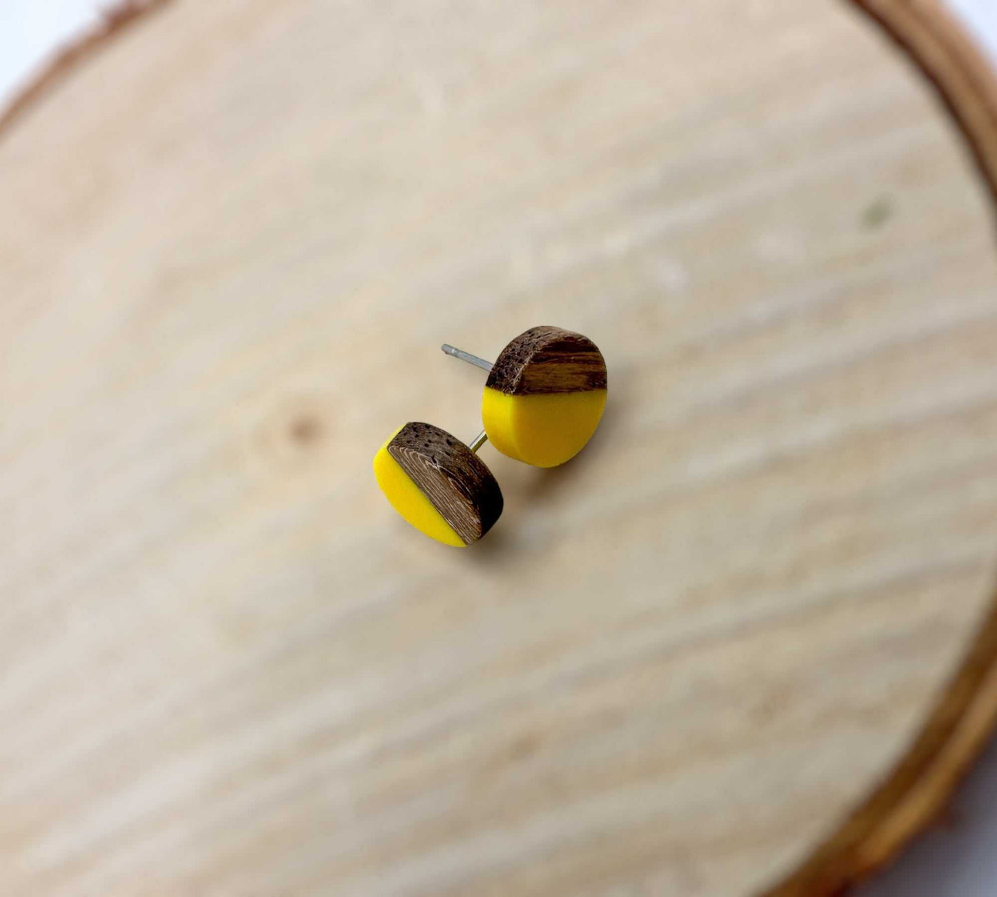 Boho Wood & Resin Stud Earrings - Yellow & Wood Boho Hippie Earrings