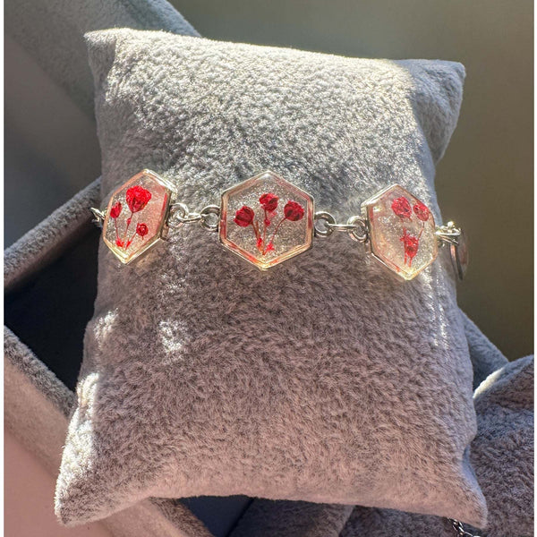Red Floral Silver Hexagon Handmade Trio Bracelet with Dried Flowers