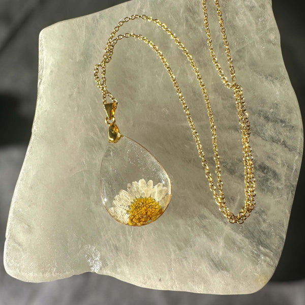 Daisy Teardrop Pendant - Real Dried Flower Jewelry in Silver and Gold 