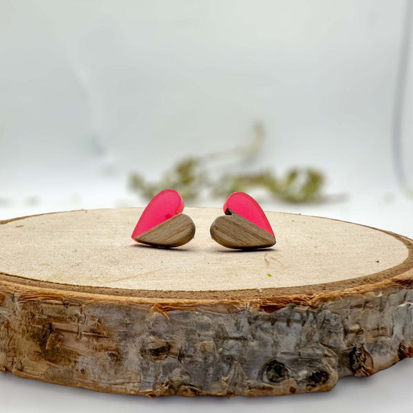 Heartfelt Boho Bliss: Whimsical Wood and Pink Resin Heart Earrings
