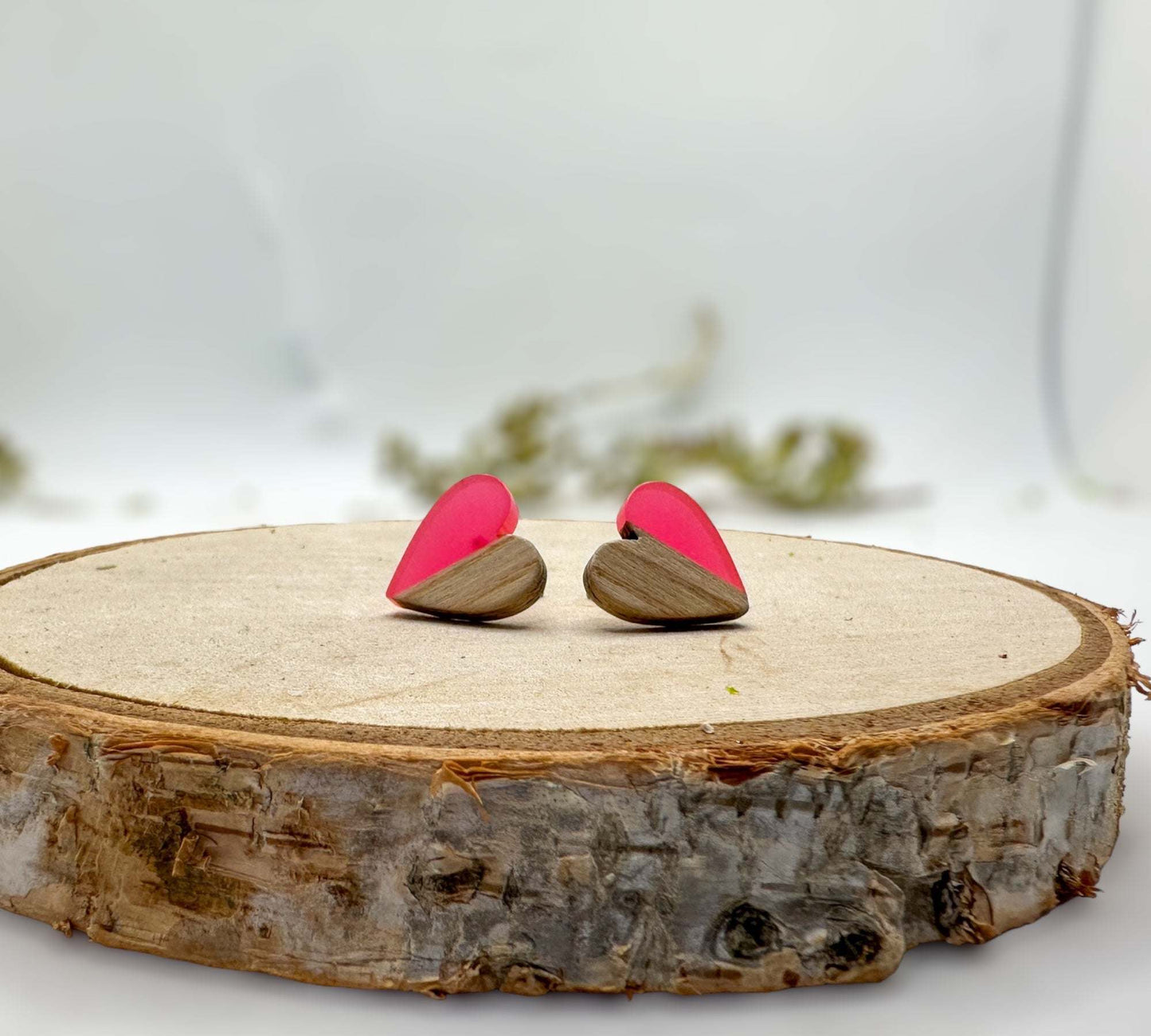 Heartfelt Boho Bliss: Whimsical Wood and Pink Resin Heart Earrings