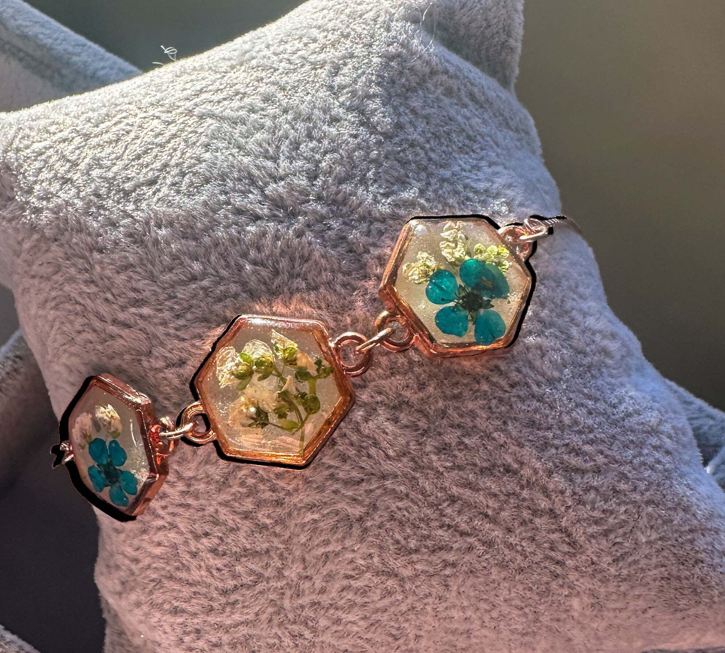 Glowing Garden: Handmade Rose Gold Trio Bracelet with Dried Flowers