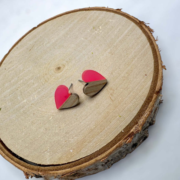Heartfelt Boho Bliss: Whimsical Wood and Pink Resin Heart Earrings